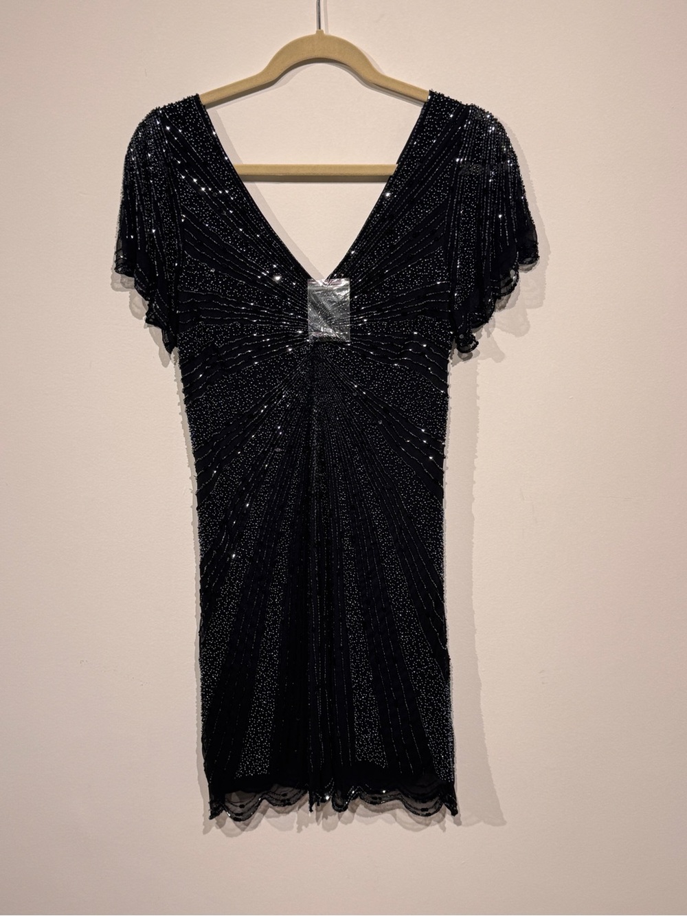 Navy Beaded V-Neck Evening Dress